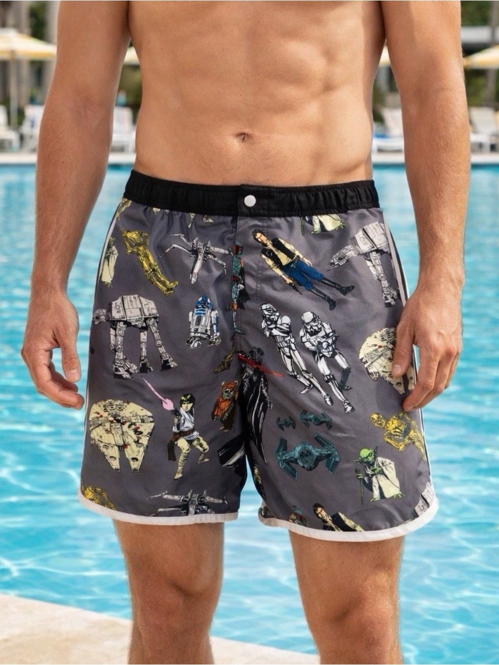 Star Wars Swim Trunks Men’s M Gray Graphic Polyester Drawstring Shorts Zipper